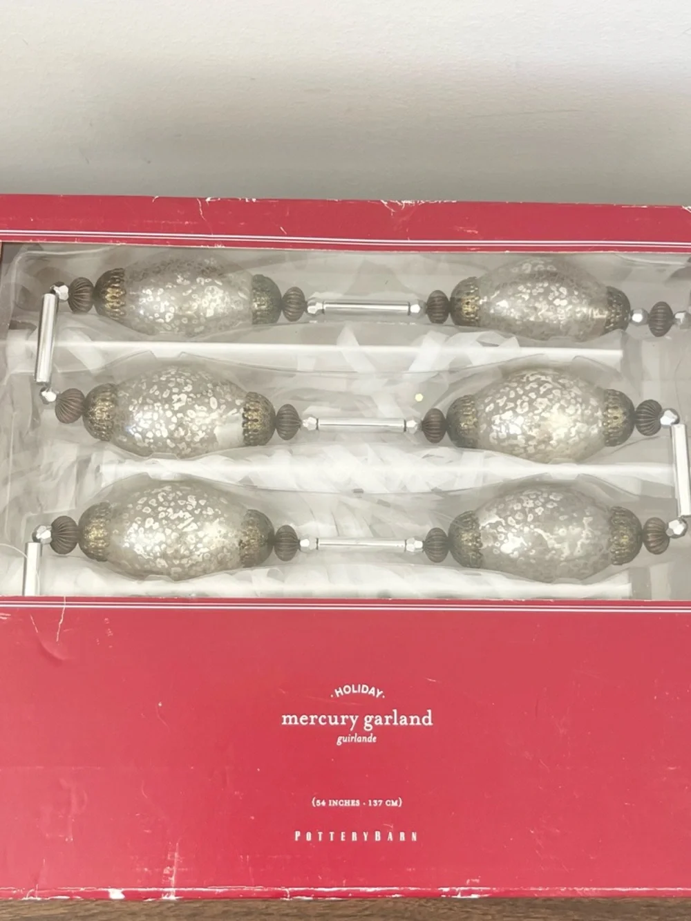 Pottery Barn Holiday Mercury Glass Garland Silver and Gold w Box Great Condition